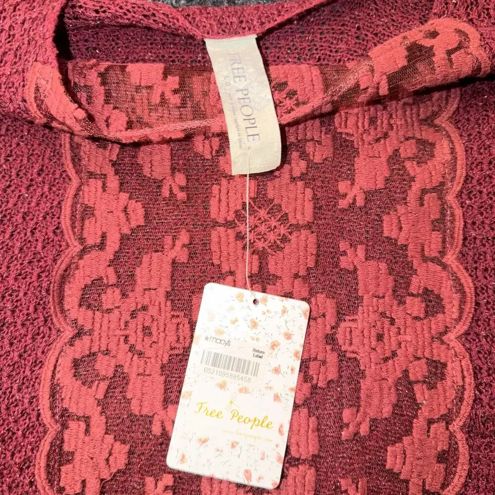 Free People Maroon Loose Knit Metallic Shimmer Lace Batwing Poncho Sweater L NWT